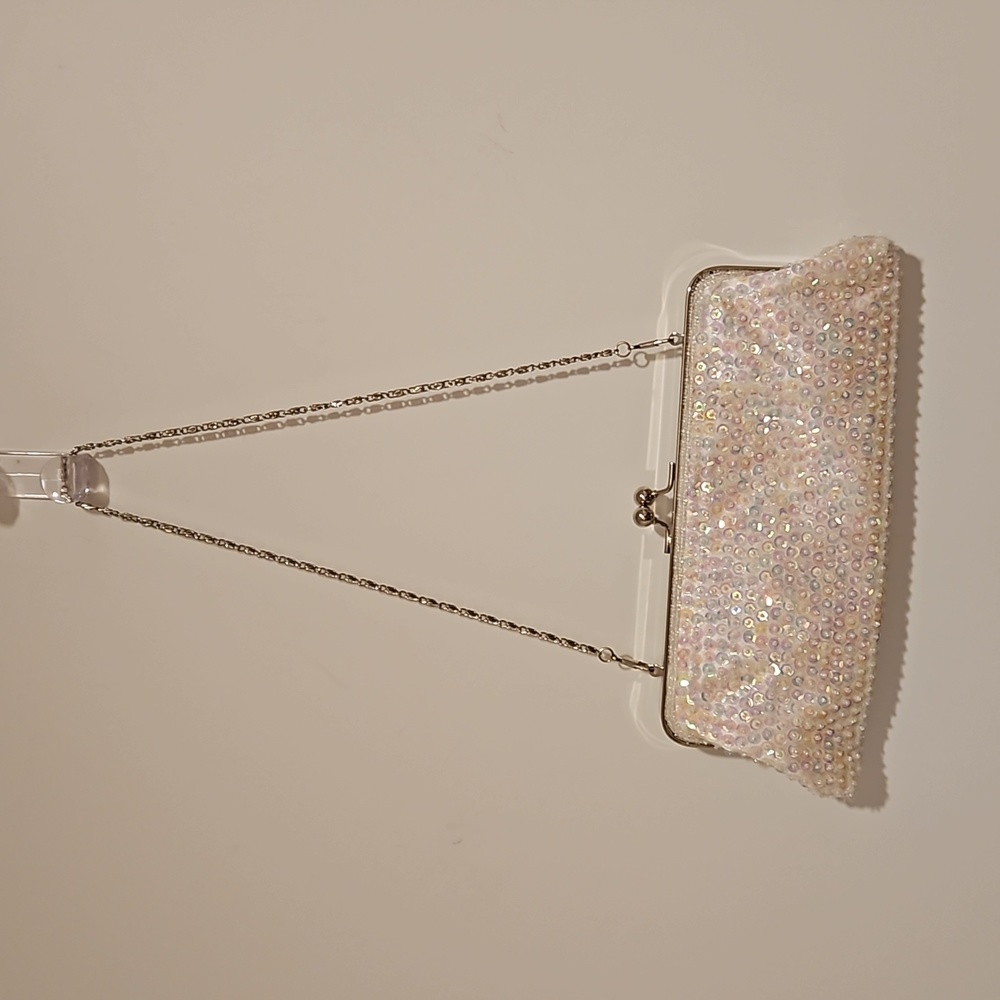 White iridescent sequin and seed beads covered evening clutch wedding prom Gala - Picture 6 of 12